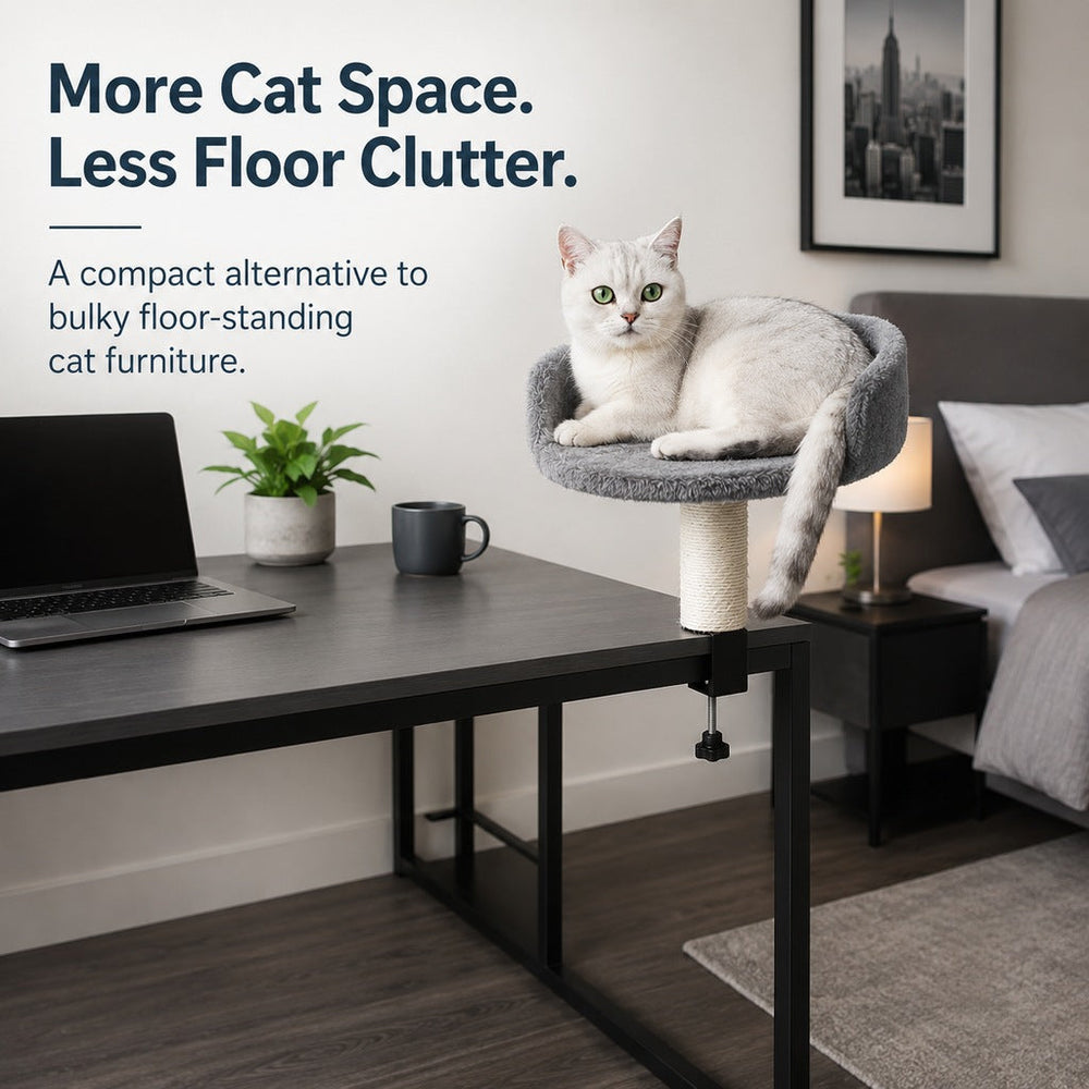 Clamp-On Cat Perch for Home Office Desks | Space-Saving Cat Bed with Sisal Scratching Post