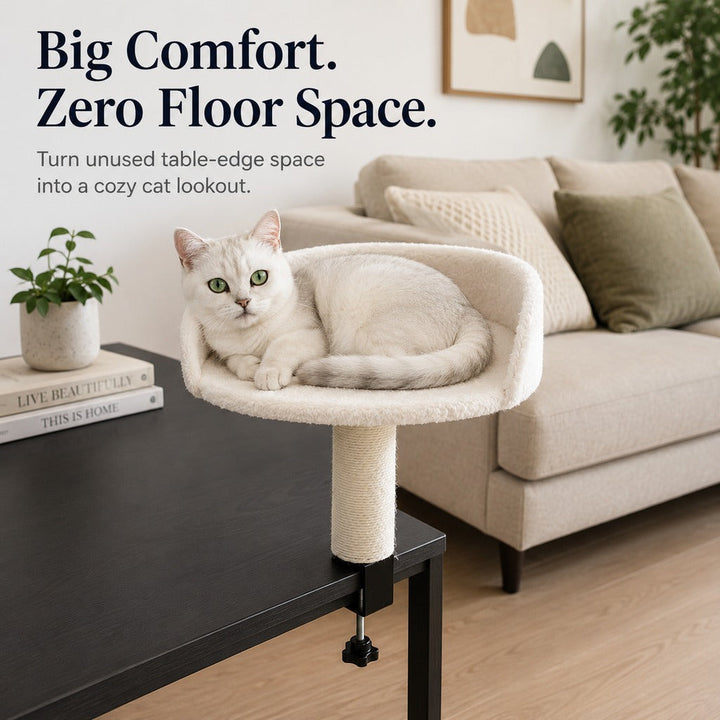 Clamp-On Cat Perch for Home Office Desks | Space-Saving Cat Bed with Sisal Scratching Post