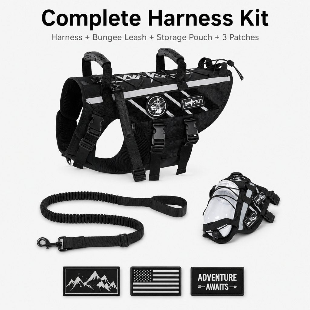 Outdoor Dog Harness & Bungee Leash Set with Dual Handles, Storage Pouch & Patch Accessories for Hiking, Walking and Ever