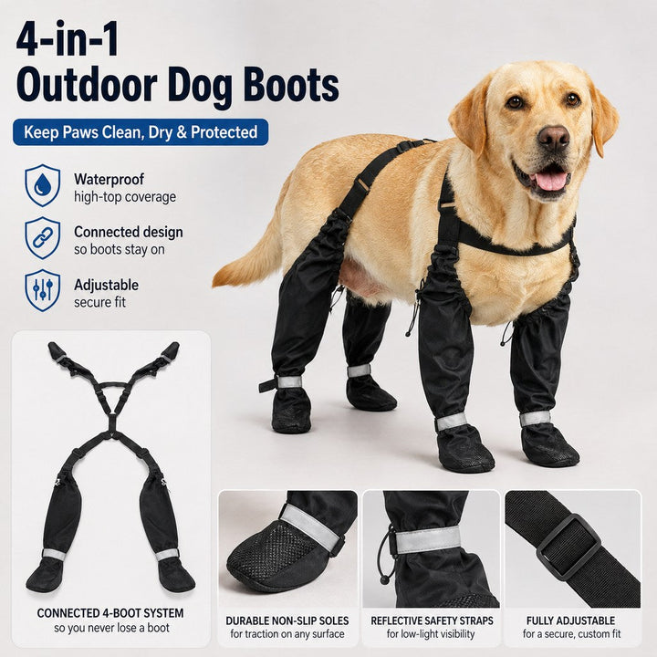 4-in-1 Connected Dog Boots for Rainy Walks