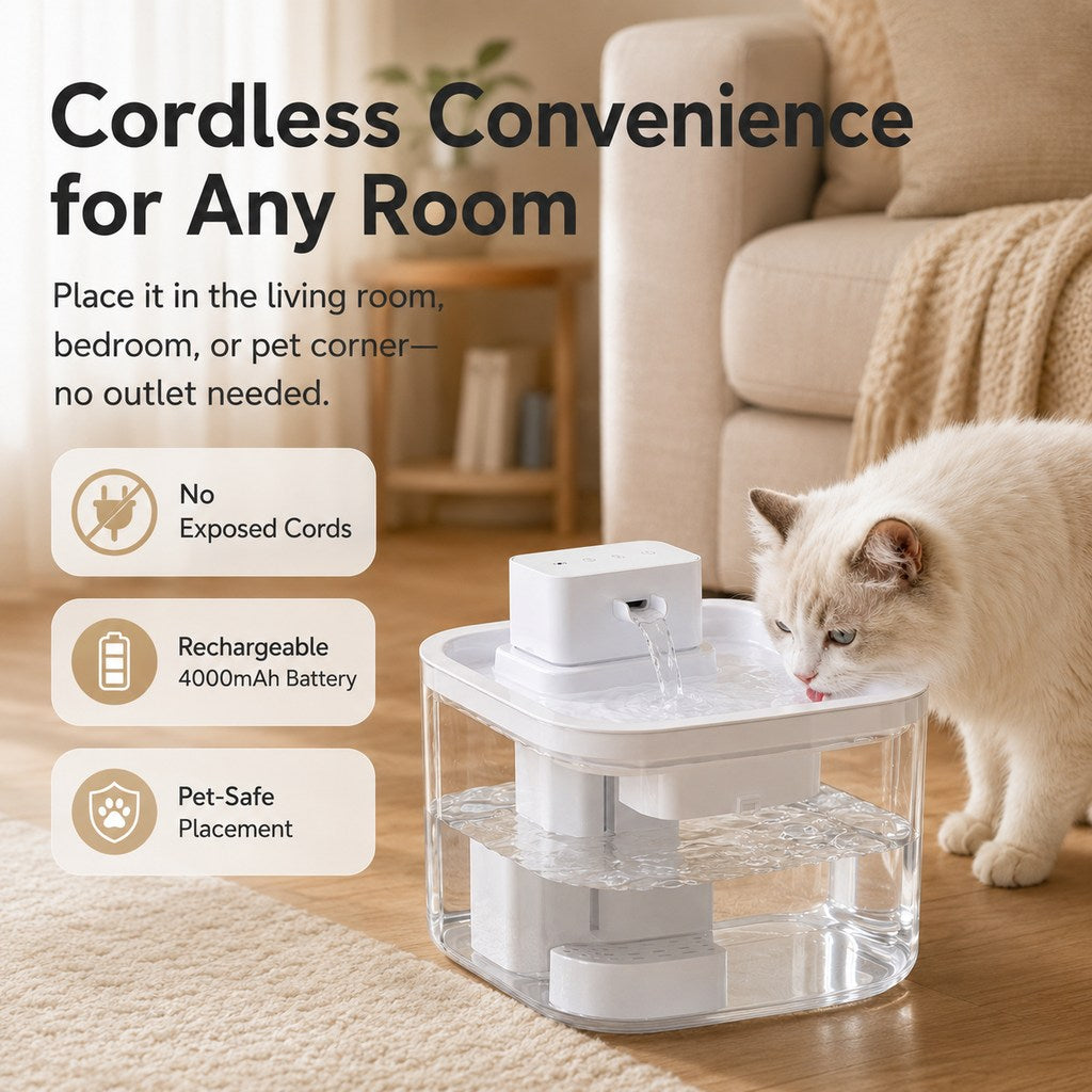 Cordless Motion Sensor Cat Water Fountain for Any Room | 3.1L Fresh Water Without Cords