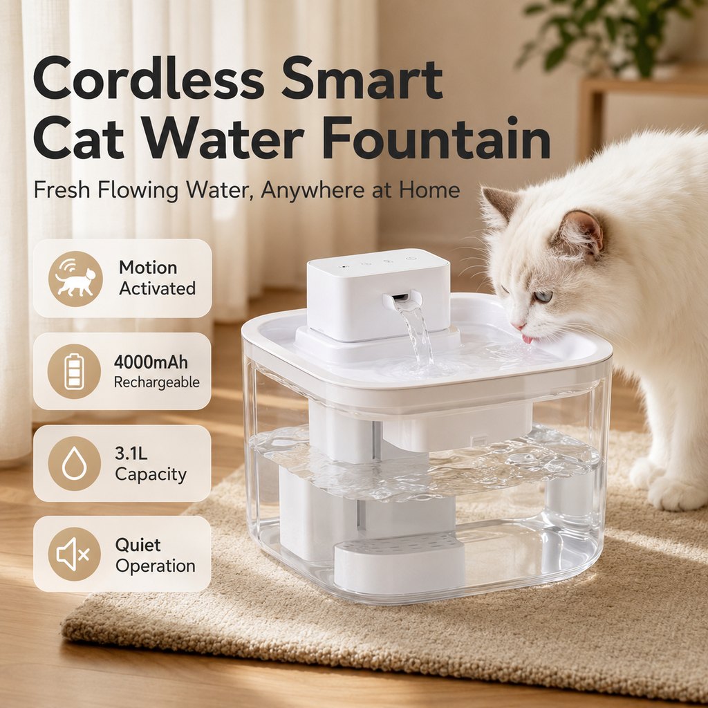 Cordless Motion Sensor Cat Water Fountain for Any Room | 3.1L Fresh Water Without Cords