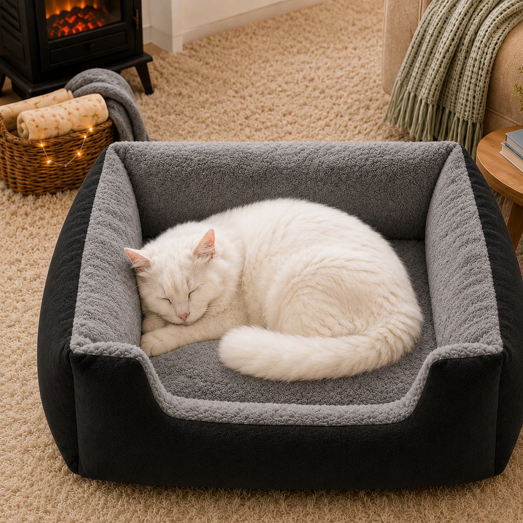 Cozy Plush Bolster Pet Bed for Cats & Dogs | Warm Raised-Side Bed with Easy Step-In Entry