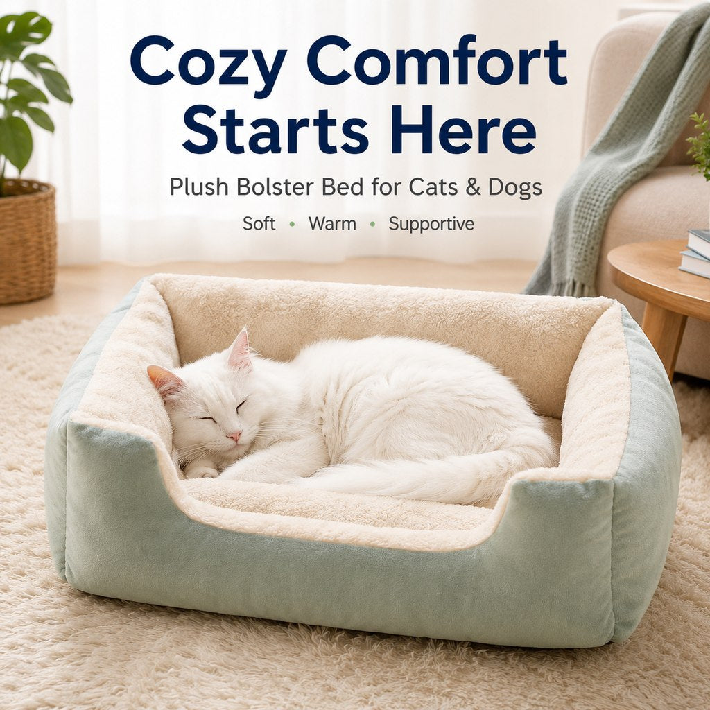 Cozy Plush Bolster Pet Bed for Cats & Dogs | Warm Raised-Side Bed with Easy Step-In Entry