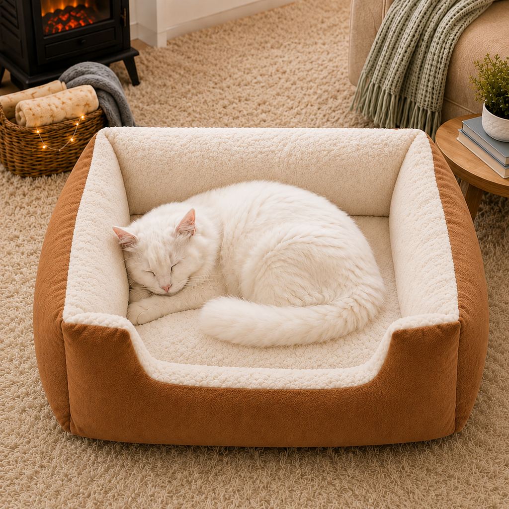 Cozy Plush Bolster Pet Bed for Cats & Dogs | Warm Raised-Side Bed with Easy Step-In Entry