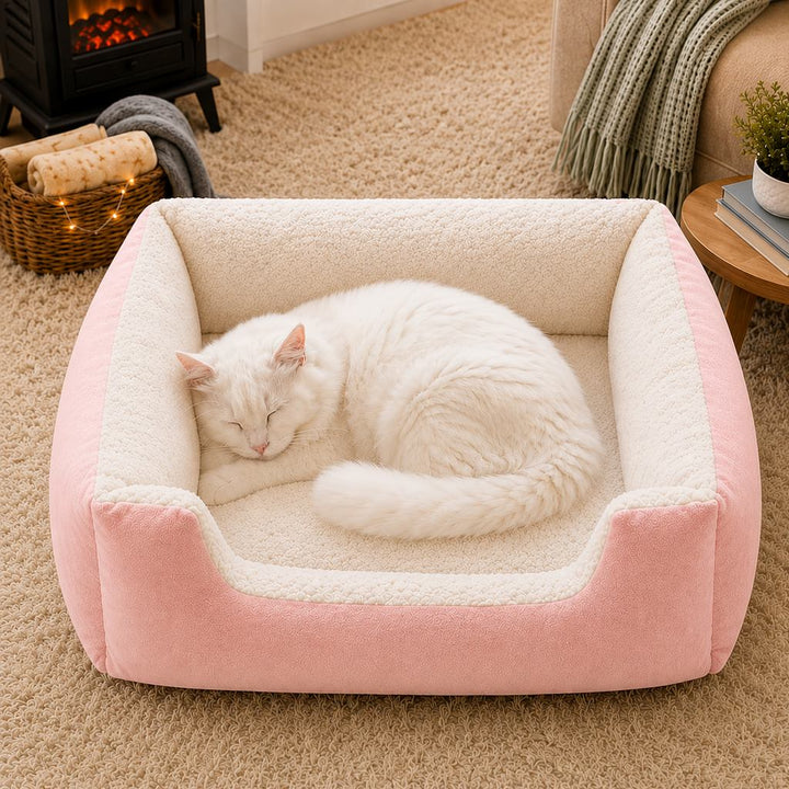 Cozy Plush Bolster Pet Bed for Cats & Dogs | Warm Raised-Side Bed with Easy Step-In Entry