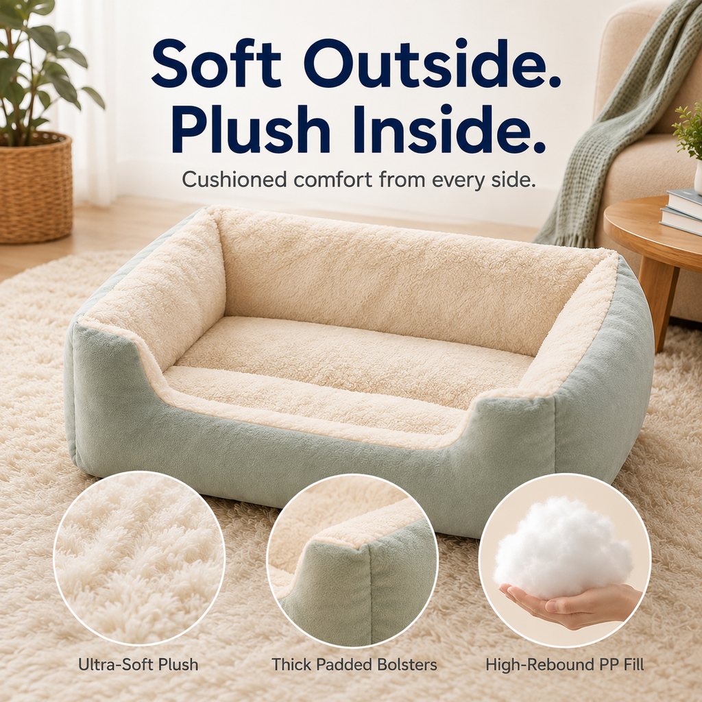 Cozy Plush Bolster Pet Bed for Cats & Dogs | Warm Raised-Side Bed with Easy Step-In Entry