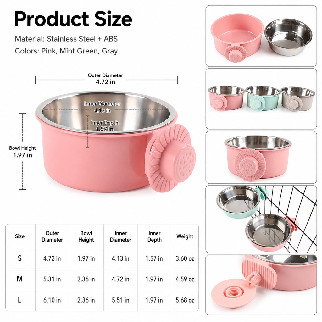 Crate-Mounted Stainless Steel Pet Bowl for Dogs & Cats