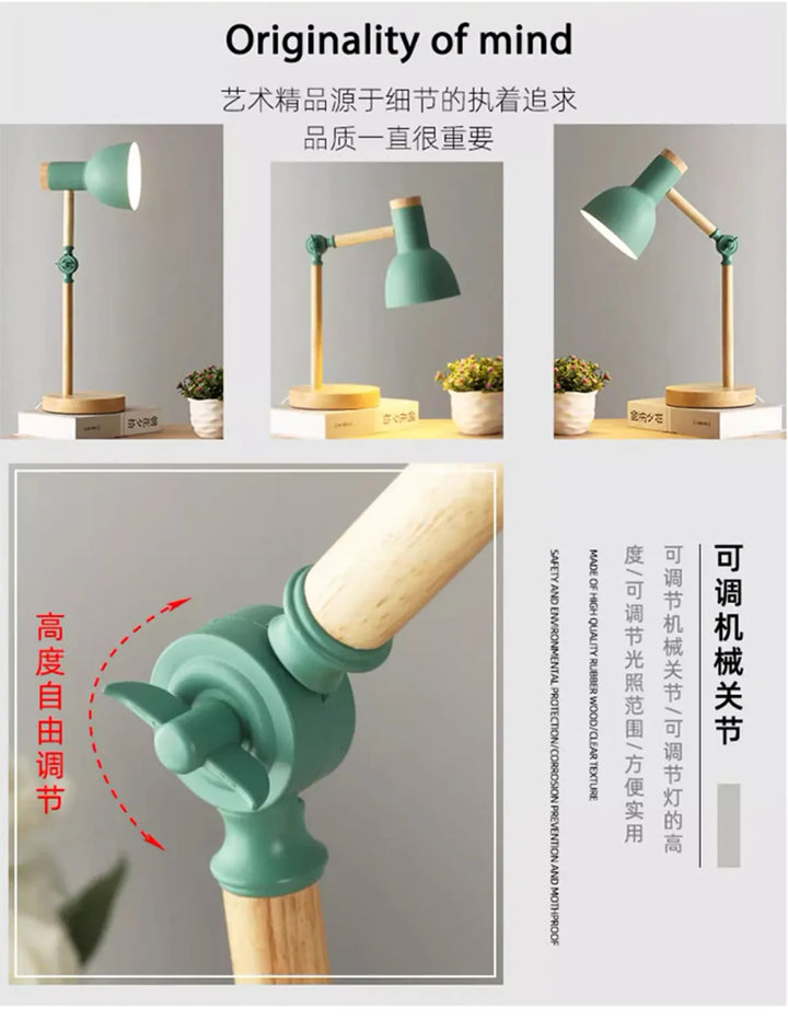 Nordic Wooden Art LED Table Lamp - 5 Colours, Rotatable Head, E26/E27