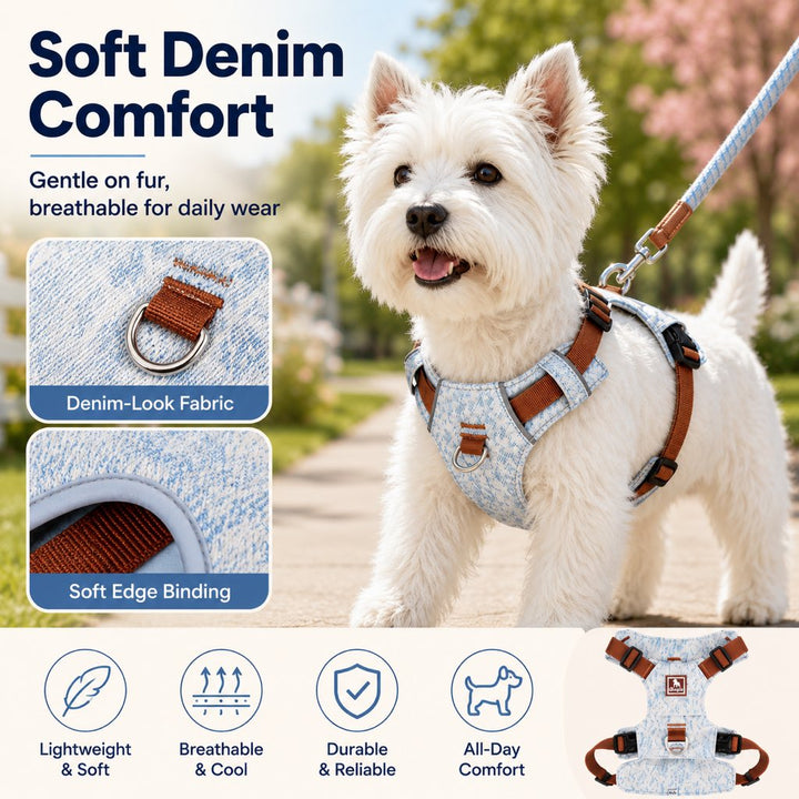 Vintage Denim No-Pull Dog Harness &5 ft Rope Leash Set