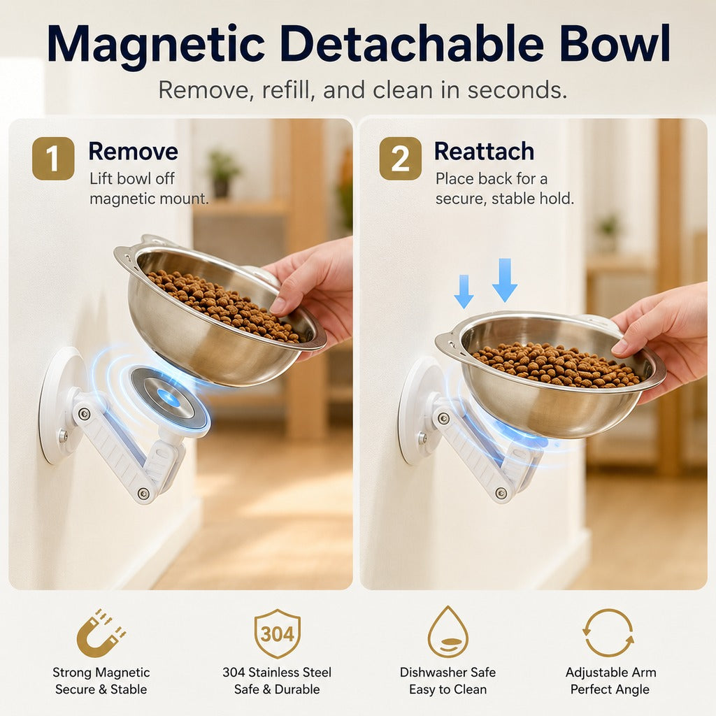 No-Drill Wall-Mounted Pet Bowl for Small Dogs & Cats | Elevated Feeding for Cleaner Floors