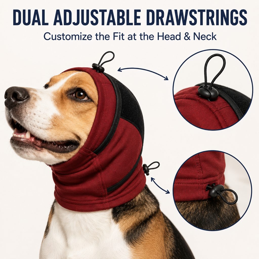 Adjustable Dog Calming Hoodie Ear Wrap for Fireworks, Thunderstorms & Grooming