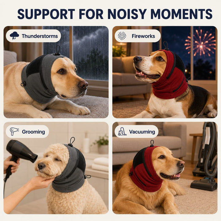 Adjustable Dog Calming Hoodie Ear Wrap for Fireworks, Thunderstorms & Grooming