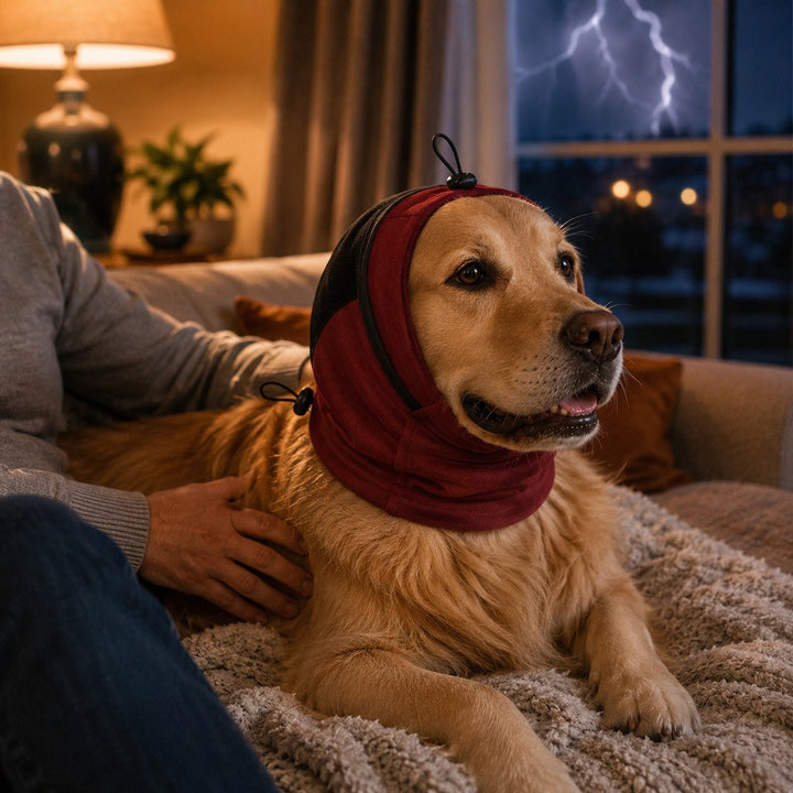Adjustable Dog Calming Hoodie Ear Wrap for Fireworks, Thunderstorms & Grooming