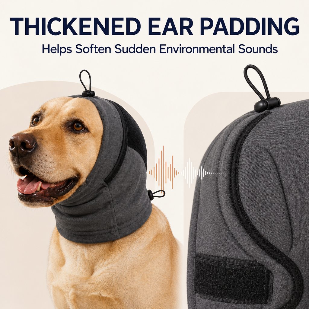 Adjustable Dog Calming Hoodie Ear Wrap for Fireworks, Thunderstorms & Grooming