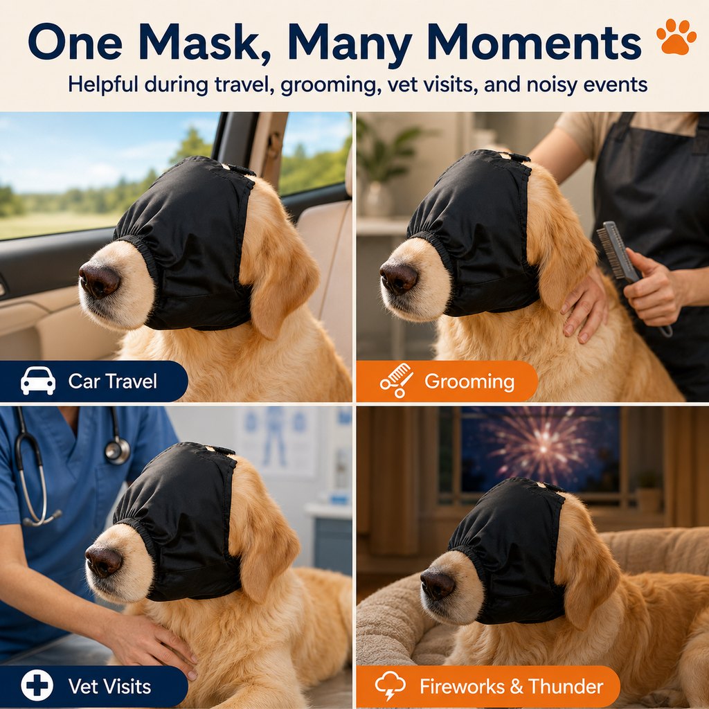 Dog Calming Mask for Car Rides, Grooming & Vet Visits | Adjustable Visual Comfort Hood