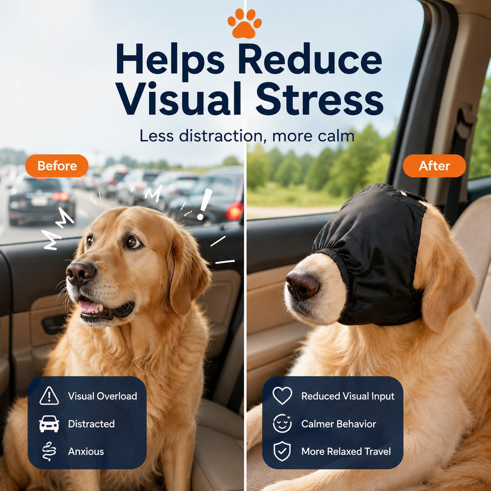 Dog Calming Mask for Car Rides, Grooming & Vet Visits | Adjustable Visual Comfort Hood
