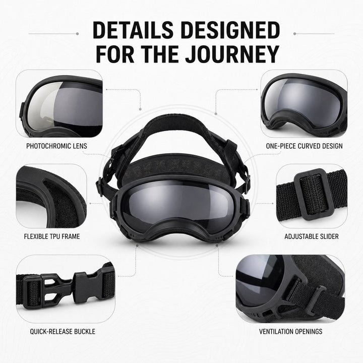 Photochromic Dog Goggles for Hiking & Car Rides | Adjustable Wind, Dust & Debris Coverage