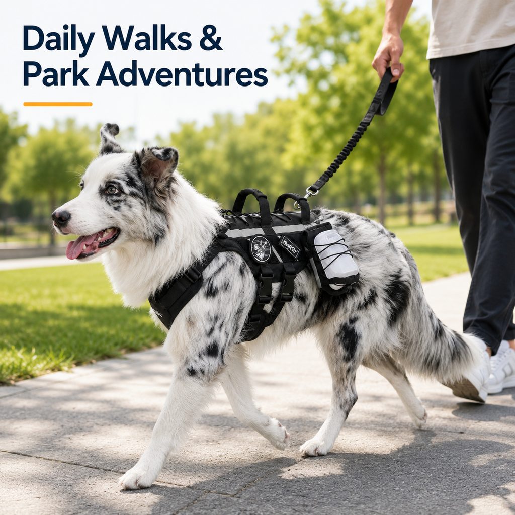 Outdoor Dog Harness & Bungee Leash Set with Dual Handles, Storage Pouch & Patch Accessories for Hiking, Walking and Ever