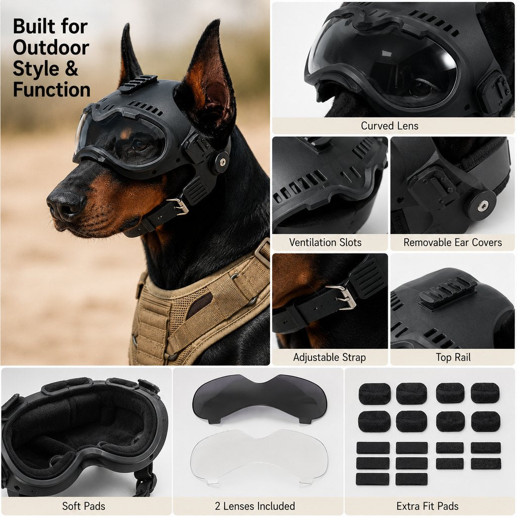 K9 Tactical-Style Dog Helmet with Goggles for Hiking & Outdoor Training