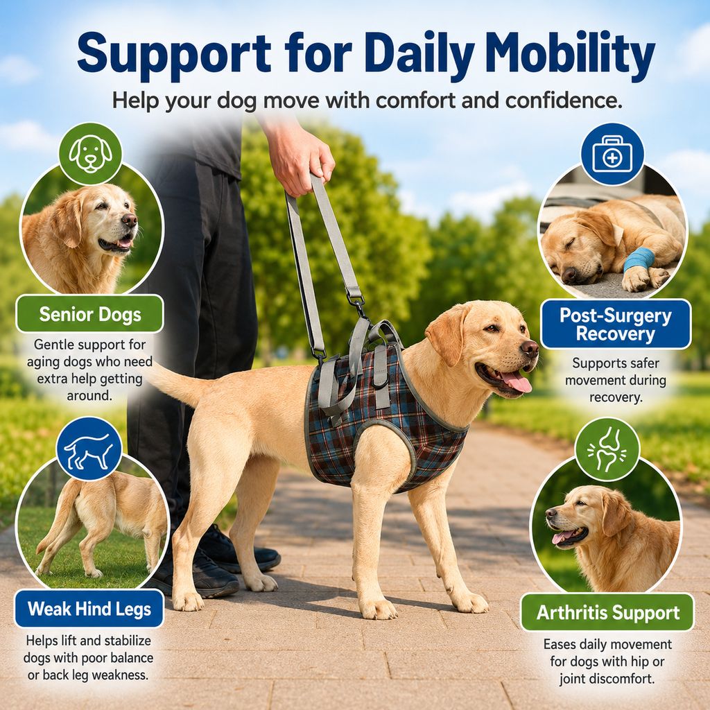 Dog Mobility Support Harness for Stairs & Cars | Front or Rear Lift Assist for Weak Legs