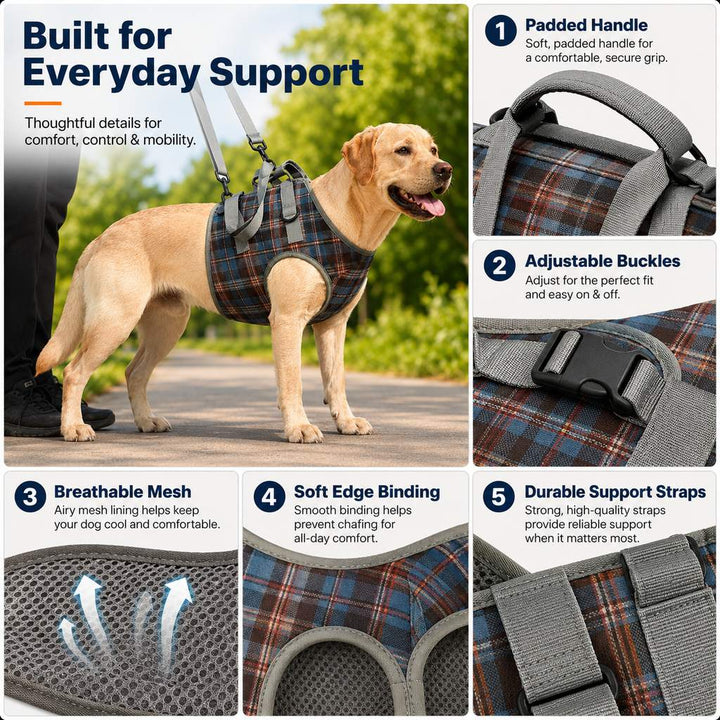 Dog Mobility Support Harness for Stairs & Cars | Front or Rear Lift Assist for Weak Legs