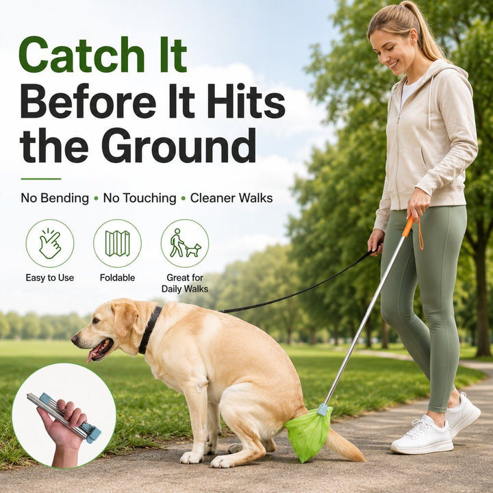 Foldable Dog Poop Catcher for Walks | No-Bend Waste Pickup Tool with Telescopic Handle