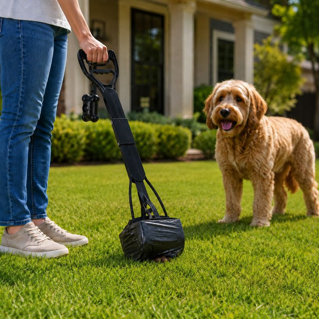 Foldable Long-Handle Dog Pooper Scooper for Yard & Walks | One-Hand Bag-Lined Pickup