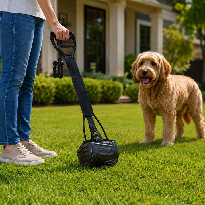 Foldable Long-Handle Dog Pooper Scooper for Yard & Walks | One-Hand Bag-Lined Pickup