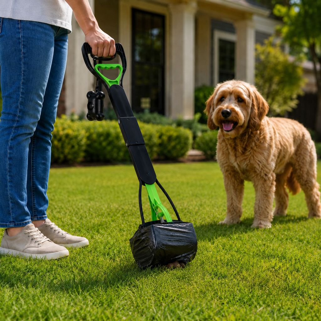Foldable Long-Handle Dog Pooper Scooper for Yard & Walks | One-Hand Bag-Lined Pickup