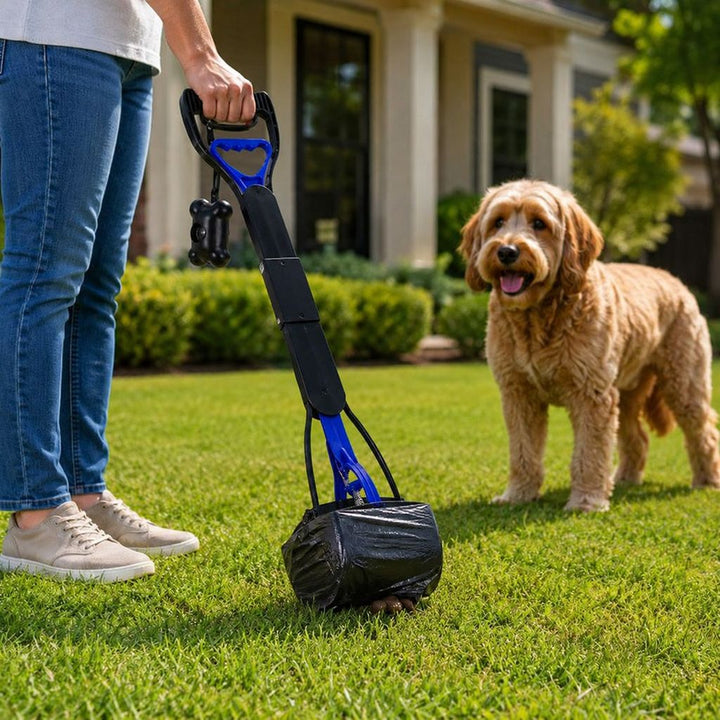 Foldable Long-Handle Dog Pooper Scooper for Yard & Walks | One-Hand Bag-Lined Pickup