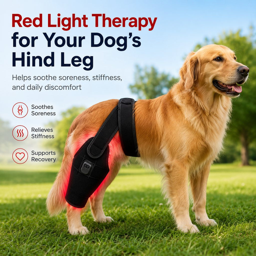 Red light therapy leg brace for dogs, suitable for senior and active dogs, provides comfort and support for hind legs du
