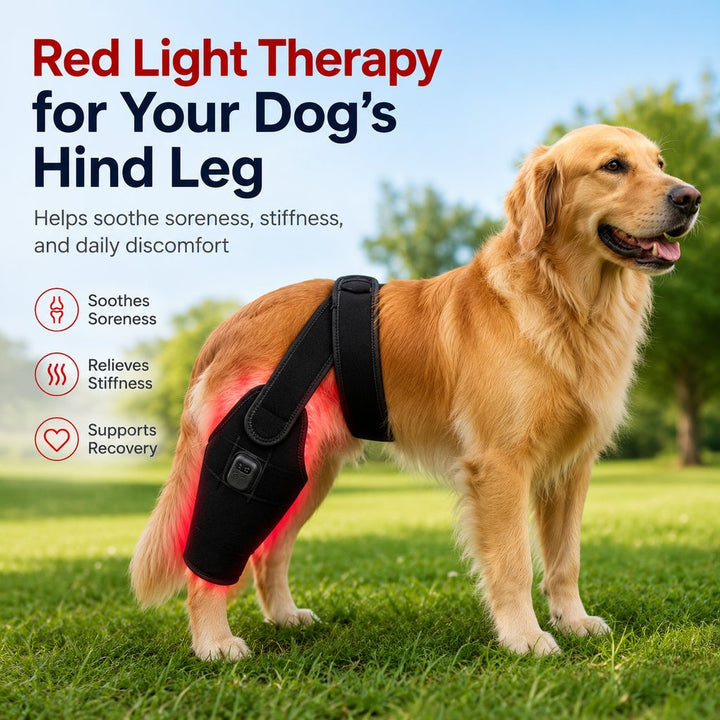 Red light therapy leg brace for dogs, suitable for senior and active dogs, provides comfort and support for hind legs du