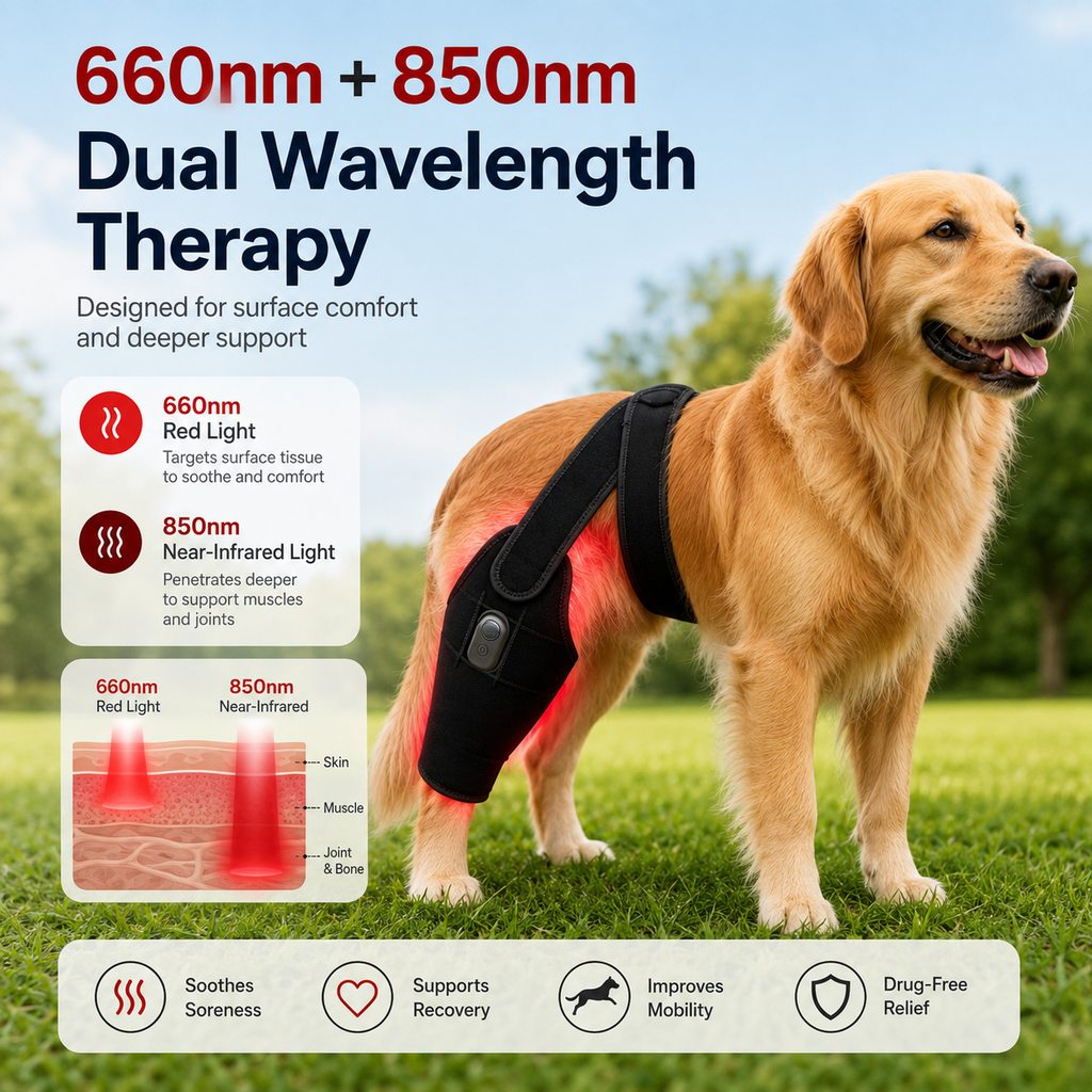 Red light therapy leg brace for dogs, suitable for senior and active dogs, provides comfort and support for hind legs du