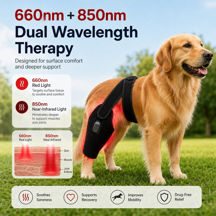 Red light therapy leg brace for dogs, suitable for senior and active dogs, provides comfort and support for hind legs du