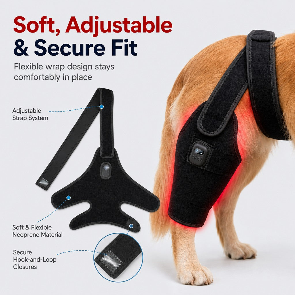 Red light therapy leg brace for dogs, suitable for senior and active dogs, provides comfort and support for hind legs du
