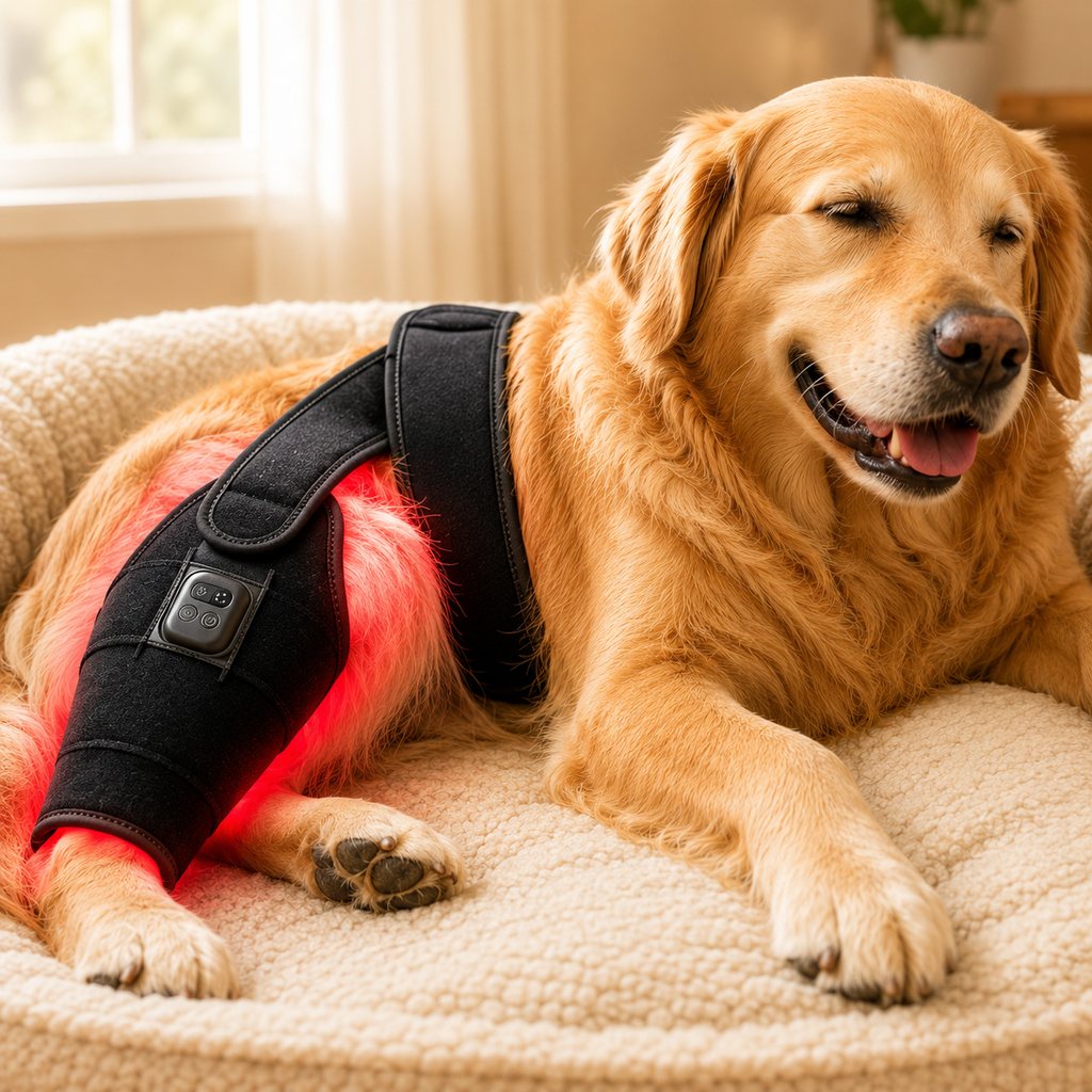 Red light therapy leg brace for dogs, suitable for senior and active dogs, provides comfort and support for hind legs du