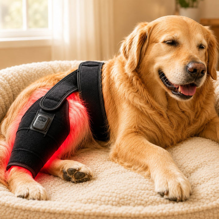 Red light therapy leg brace for dogs, suitable for senior and active dogs, provides comfort and support for hind legs du