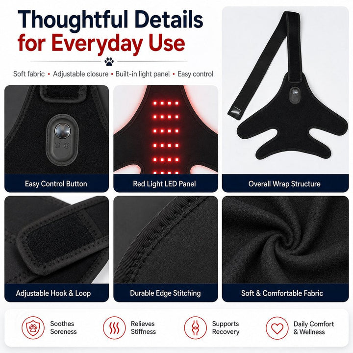 Red light therapy leg brace for dogs, suitable for senior and active dogs, provides comfort and support for hind legs du