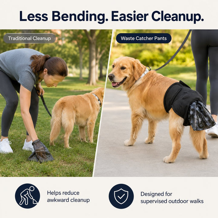 Dog Waste Catcher Pants with 50 Bags for Daily Walks | Less Bending, Easier Poop Cleanup