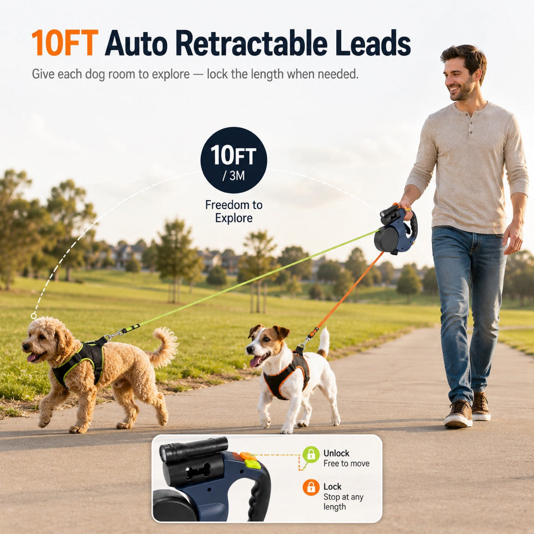 Dual Dog Leash | 360° Tangle-Free Retractable with LED Light & Built-In Poop Bag Holder