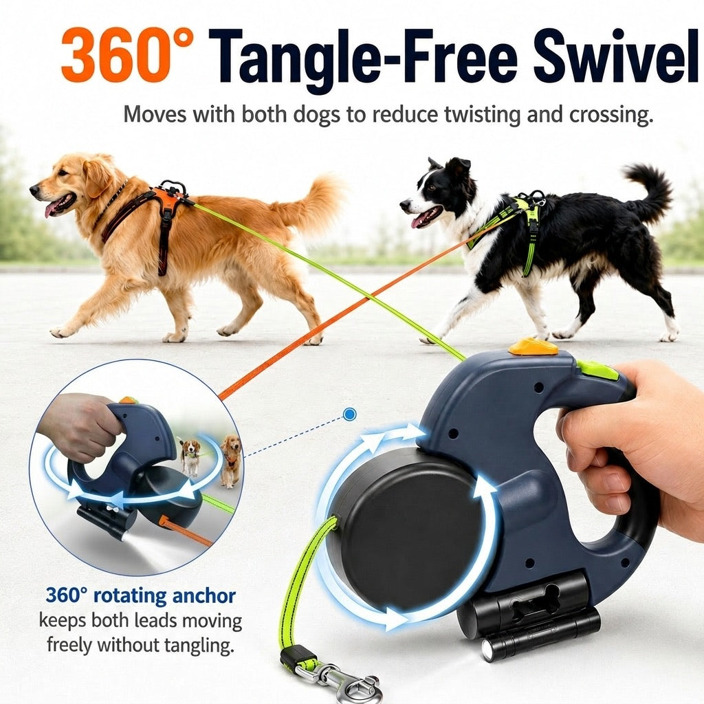 Dual Dog Leash | 360° Tangle-Free Retractable with LED Light & Built-In Poop Bag Holder