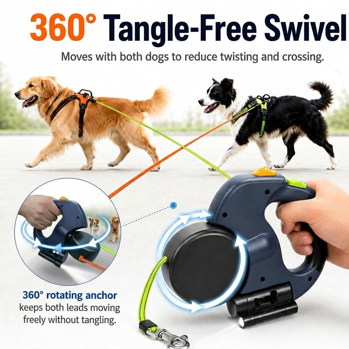 Dual Dog Leash | 360° Tangle-Free Retractable with LED Light & Built-In Poop Bag Holder