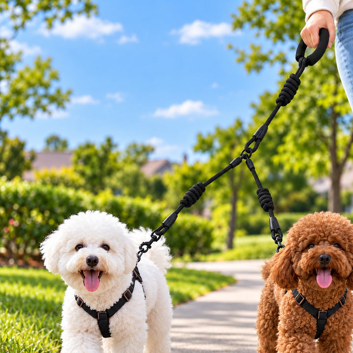 Dual Dog Leash with Shock-Absorbing Bungee & Padded Handle for Easier Two-Dog Walks