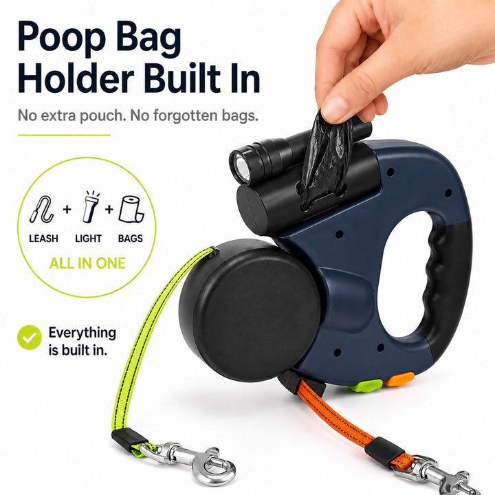 Dual Dog Leash | 360° Tangle-Free Retractable with LED Light & Built-In Poop Bag Holder
