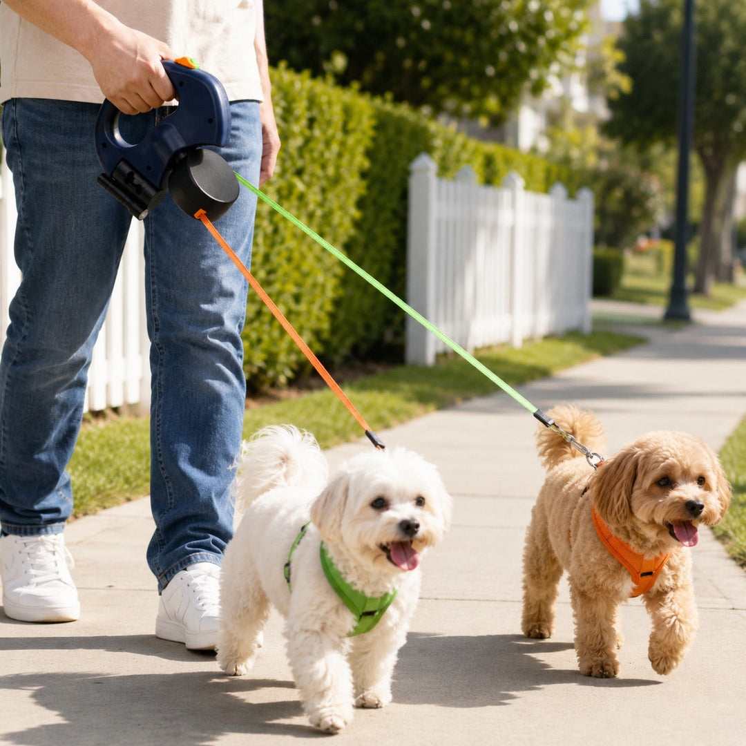 Dual Dog Leash | 360° Tangle-Free Retractable with LED Light & Built-In Poop Bag Holder