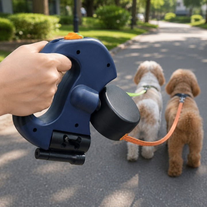 Dual Dog Leash | 360° Tangle-Free Retractable with LED Light & Built-In Poop Bag Holder