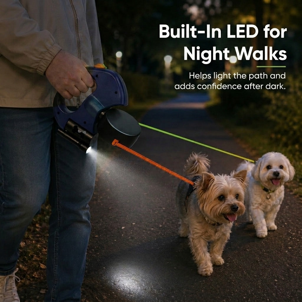 Dual Dog Leash | 360° Tangle-Free Retractable with LED Light & Built-In Poop Bag Holder
