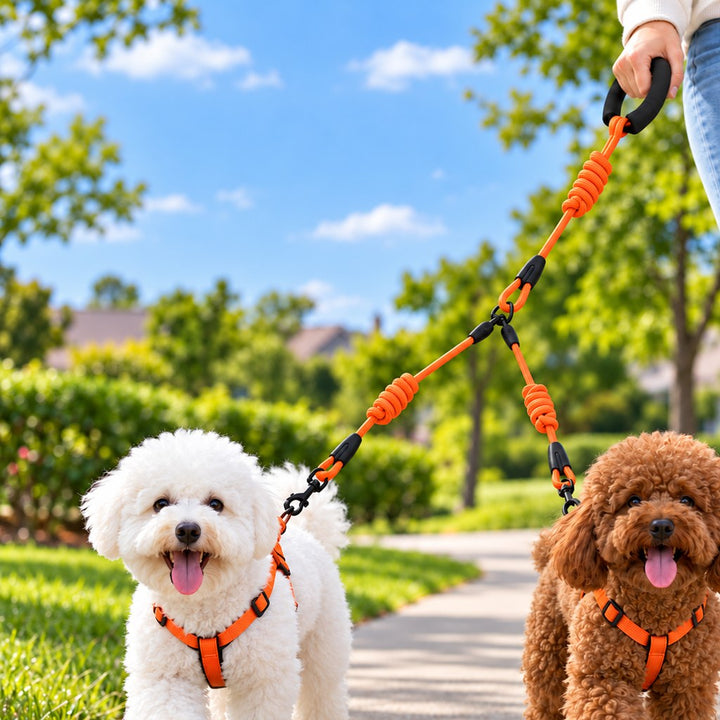 Dual Dog Leash with Shock-Absorbing Bungee & Padded Handle for Easier Two-Dog Walks