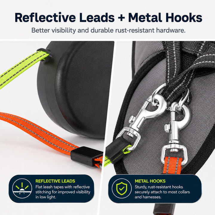 Dual Dog Leash | 360° Tangle-Free Retractable with LED Light & Built-In Poop Bag Holder